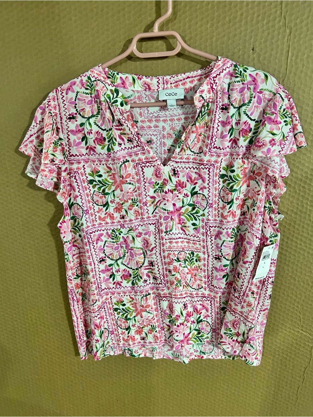 CeCe Pink & Green Floral V-Neck Ruffle Sleeve Blouse